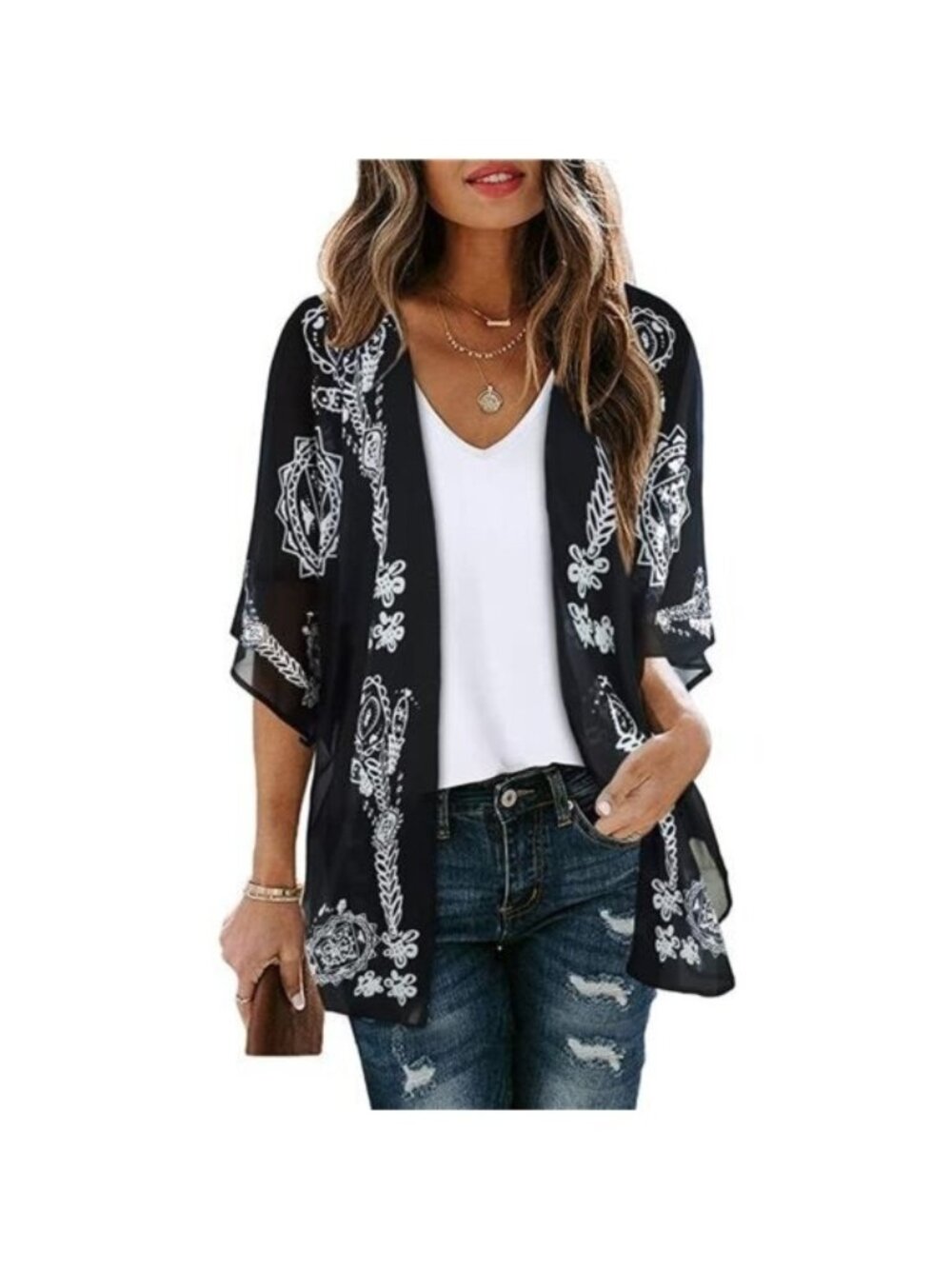 Women's Floral Print Puff Sleeve Kimono Cardigan Loose Cover Up